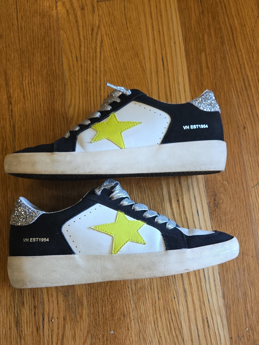 Vintage Havana KENNA Sneakers with Neon Yellow Star and Silver Glitter Heel